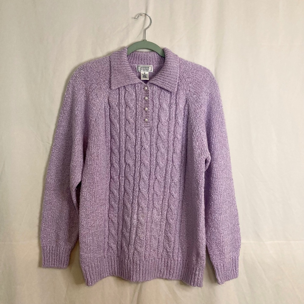 Vintage Lavender Cable Knit Polo Sweater Pastel Jennifer Moore M 80s 90s Preppy